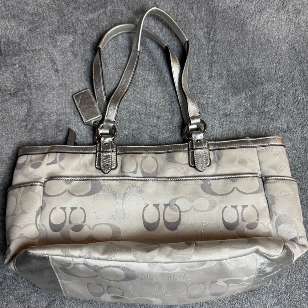 Coach Silver Metallic Signature Jacquard Tote Shoulder Bag Pink
